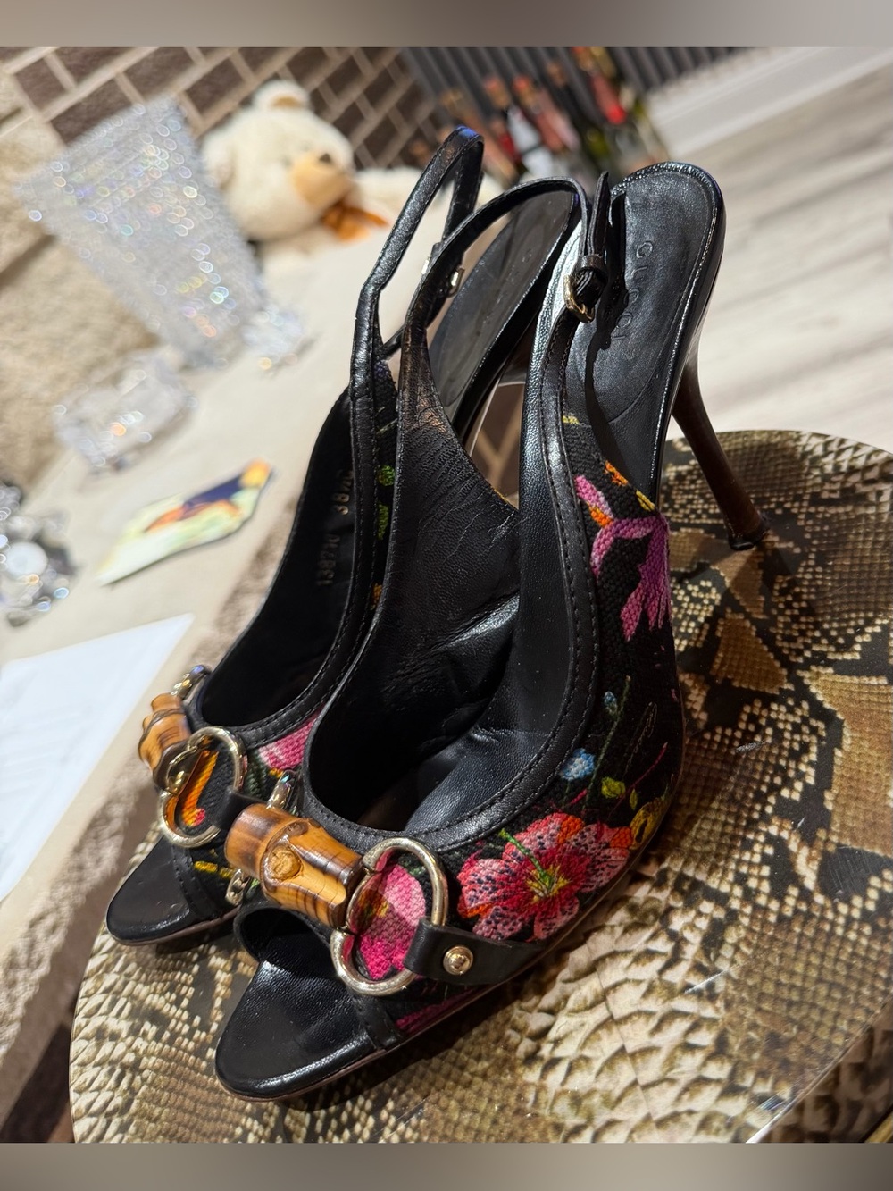 Gucci Black Floral Slingback Heels with Bamboo Accent